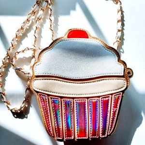 Barbie Core Cupcake Crossbody Bag Holographic Metallic Faux Leather Cherry Top